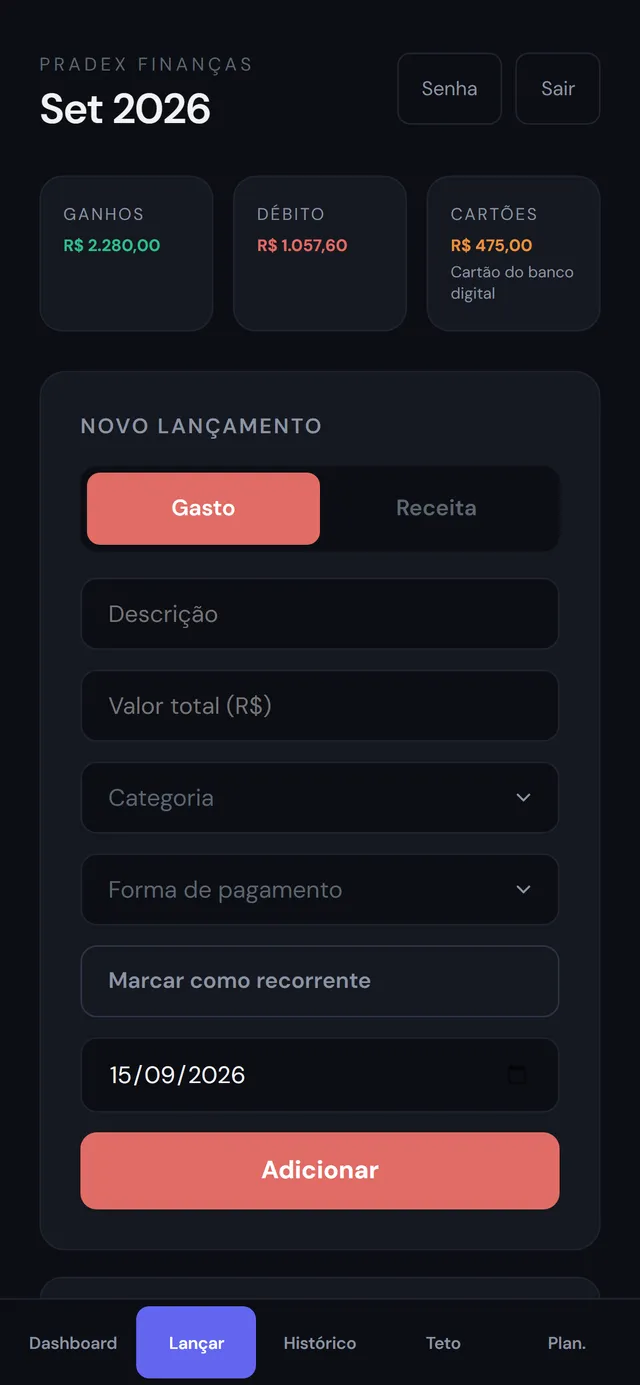 Tela de lançamento do Pradex, com os campos de descrição, valor, categoria e forma de pagamento