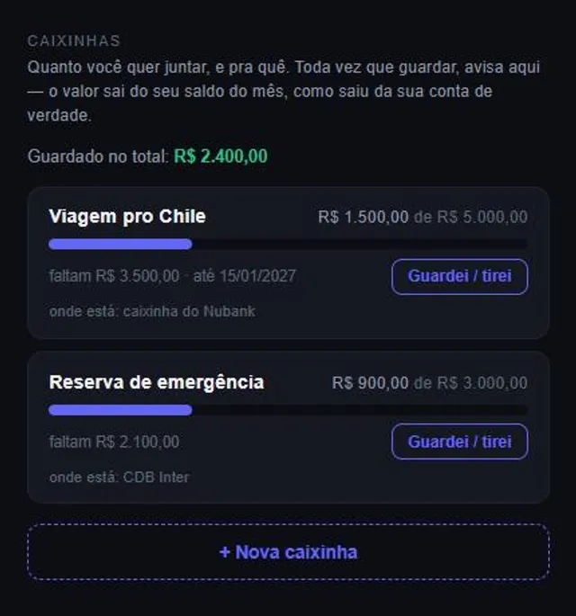 Tela de metas do Pradex com duas caixinhas, barra de progresso e quanto falta para cada uma